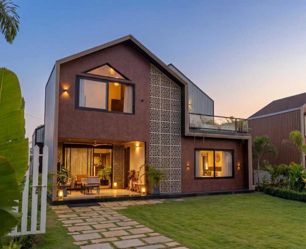 4 BHK villa estate exterior at twilight
